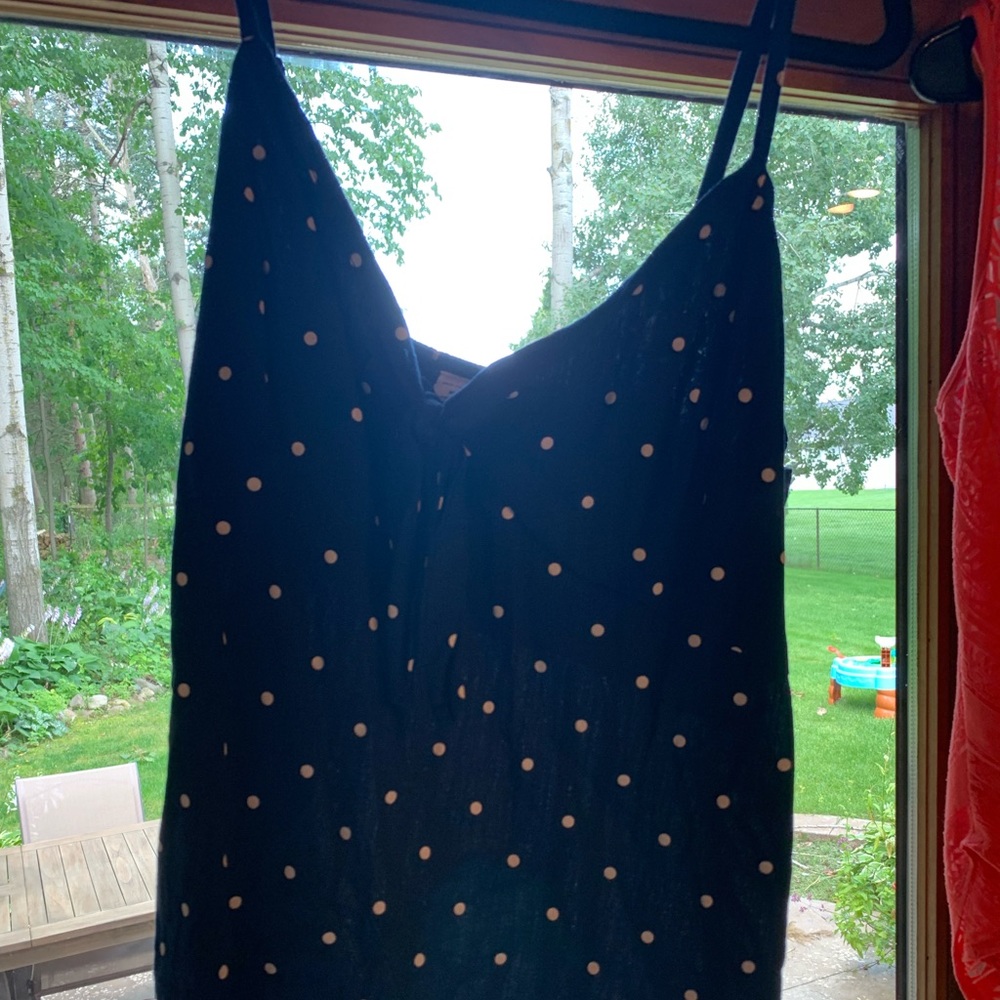 Navy and white polka dot tank